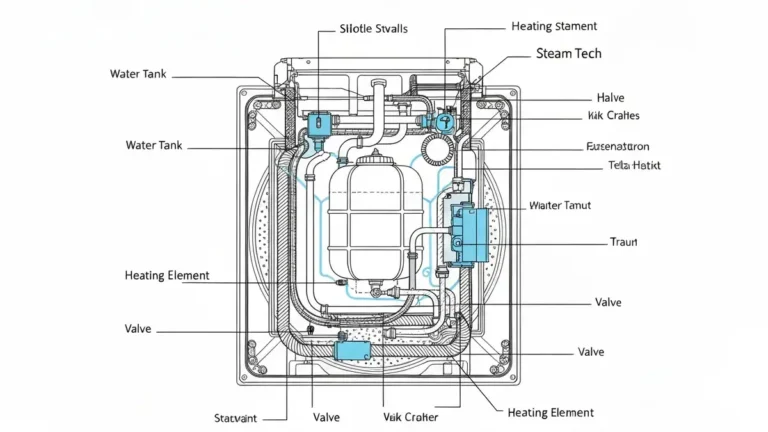 Układ systemu parowania Gorenje SteamTech w pralkach – zbiornik wody, grzałka, zawór, przewody