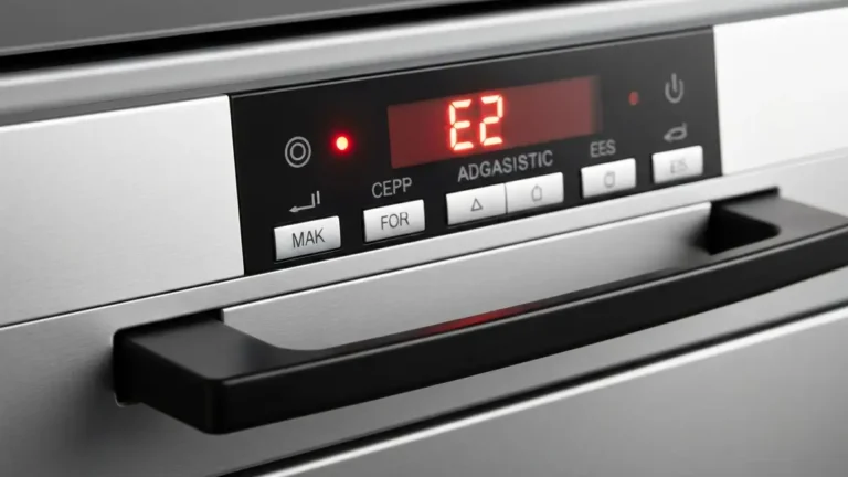 Wyświetlacz zmywarki Gorenje pokazujący kod błędu E2 z odpływem wody