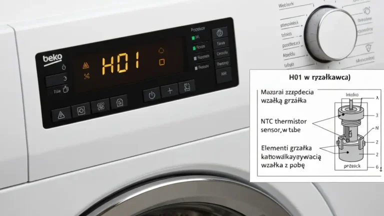 Błąd H01 w pralce Beko na wyświetlaczu oraz termistor NTC i grzałka w tubie przepływowej