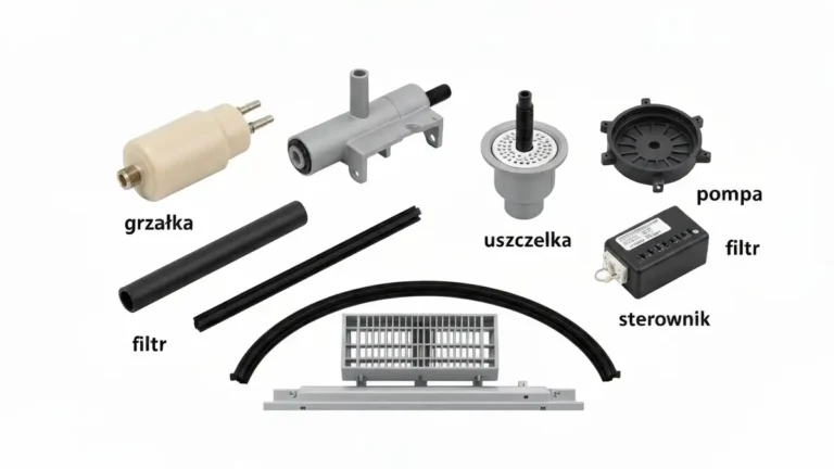 Główne części zmywarki: grzałka, pompa odpływowa, uszczelka, filtr i sterownik elektroniczny na tle białego tła z cenami
