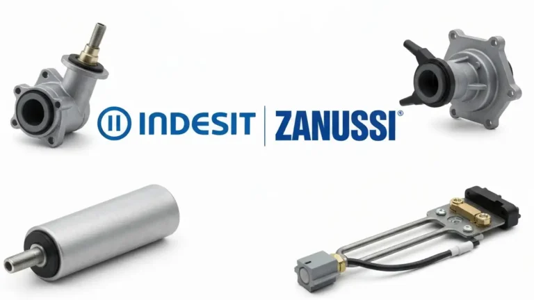 Logotypy marek Indesit i Zanussi obok zdjęcia części zamiennych: pompy, grzałki, czujnika temperatury
