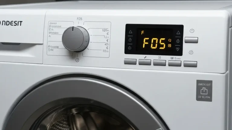 Pralka Indesit z wyświetlonym kodem błędu F05 na panelu kontrolnym