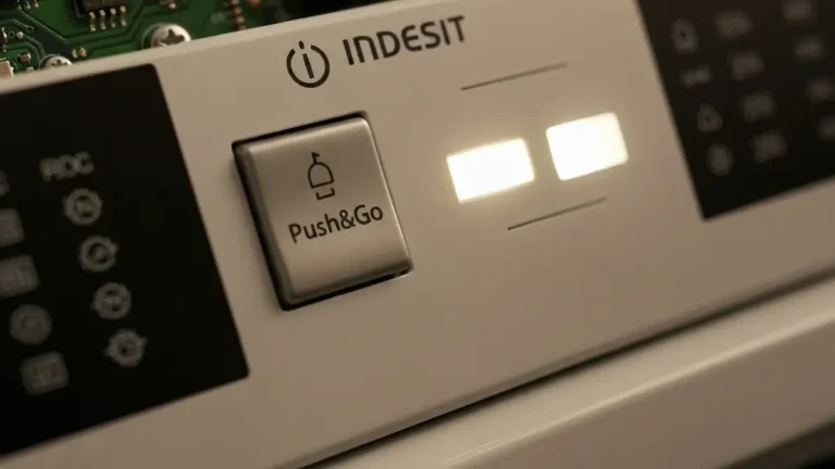 Pralka Indesit z widocznym przyciskiem Push&Go i bliskie ujęcie elektroniki sterowniczej