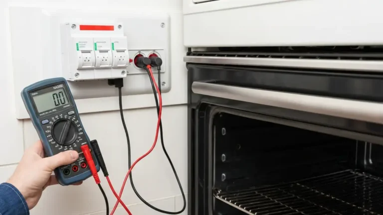 Multimetr cyfrowy mierzący napięcie w przewodach zasilania piekarnika elektrycznego, wyłącznik główny w rozdzielniczy domowym oznaczony czerwoną karteczką, wtyczka piekarnika w dłoni