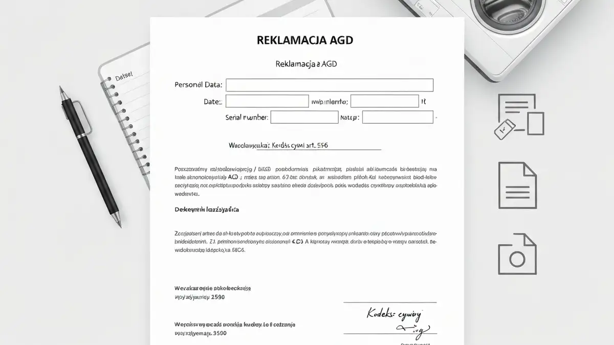 Wzór pisma reklamacyjnego AGD z przykładowymi danymi, datą i żądaniem naprawy