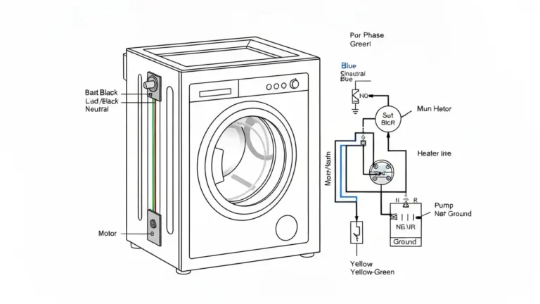 Schemat elektryczny pralki z oznaczonymi symbolami, przewodami kolorowymi i obwodami funkcjonalnymi