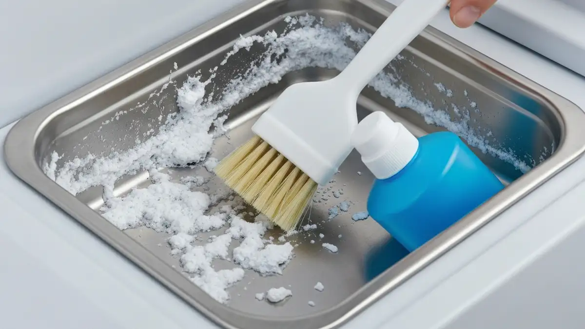 Odkamieniane zlew skraplacza lodówki przy użyciu odkamieniacza chemicznego i szczotki