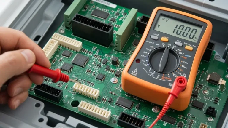 Multimetr cyfrowy testujący moduł elektroniczny pralki bez demontażu – widok złączy i sondy pomiarowej