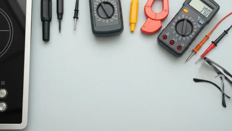 Multimetr cyfrowy, amperokleszcze i tester napięcia ustawione obok płyty indukcyjnej do diagnostyki