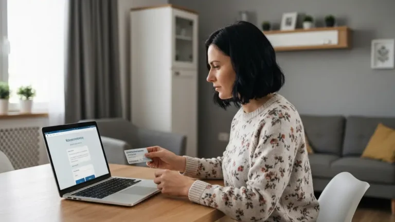Kobieta trzymająca kartę gwarancji i numer seryjny AGD, sprawdzająca status gwarancji na laptopie