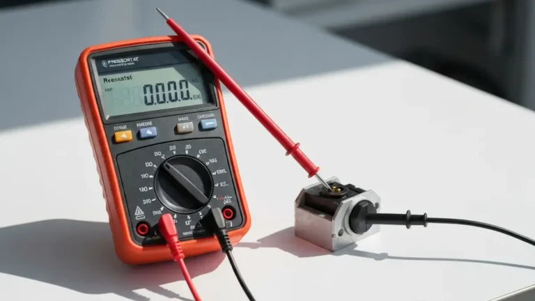 Pressostat w pralce z multimetrem podłączonym do badania rezystancji