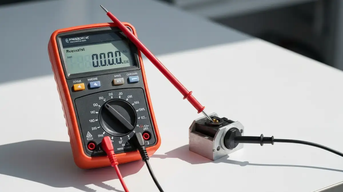Pressostat w pralce z multimetrem podłączonym do badania rezystancji