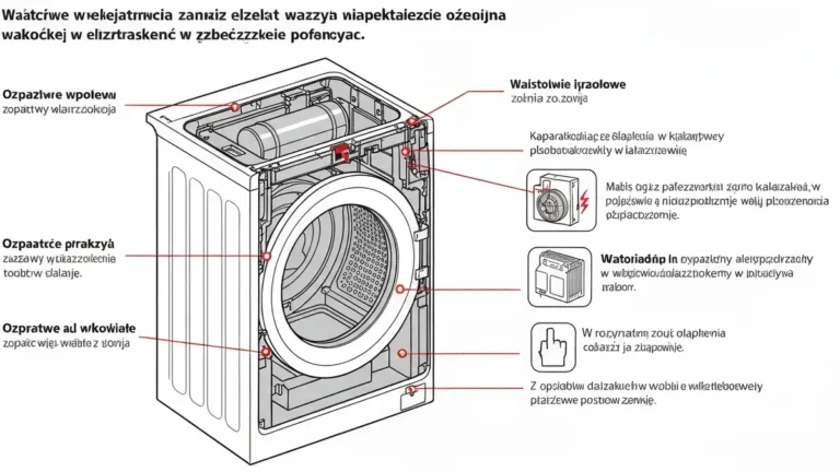 Schemat bezpiecznej naprawy pralki z zaznaczonym ryzykiem porażenia prądem i lokalizacją kondensatora wysokiego napięcia