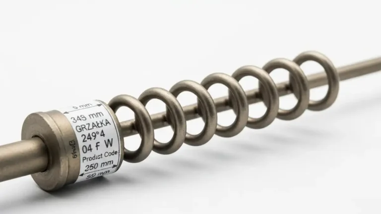 Grzałka elektryczna AGD z widocznym numerem katalogowym, wymiarami i parametrami technicznymi