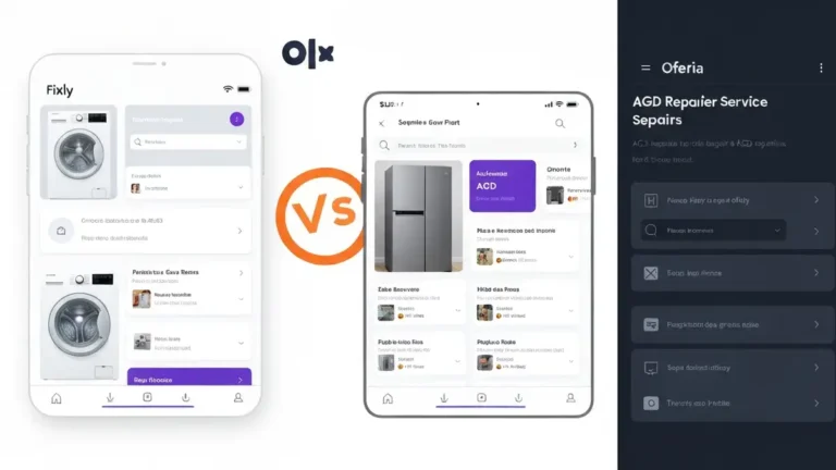 Porównanie platform szukania serwisanta AGD: Fixly, OLX, Oferia na ekranach telefonów i laptopów