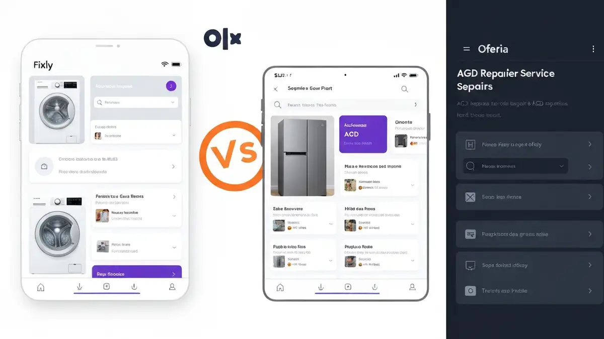 Porównanie platform szukania serwisanta AGD: Fixly, OLX, Oferia na ekranach telefonów i laptopów