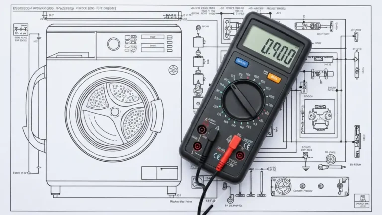 Multimetr cyfrowy z wyświetlaczem LCD oraz przewodami pomiarowymi, leżący na schemacie elektrycznym pralki