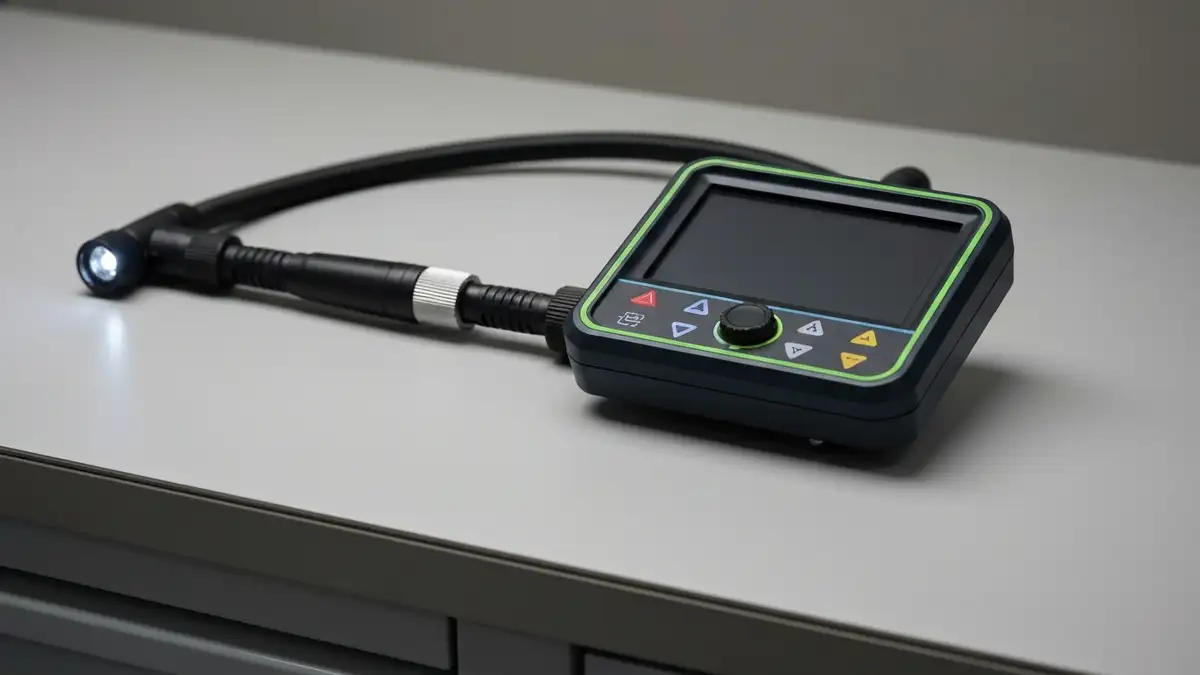 Kamera inspekcyjna endoskopowa z wyświetlaczem LCD, sondą elastyczną i oświetleniem LED – widok zbioru narzędzi diagnostycznych do sprawdzenia zbiornika pralki