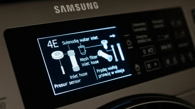 Kod błędu 4E na wyświetlaczu pralki Samsung z widokiem głównych komponentów systemu dopływu wody: zaworu elektromagnetycznego, filtra siatkowego i przewodu dopływowego
