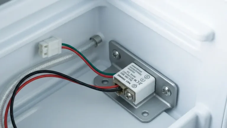 Czujnik temperatury NTC w zamrażalniku lodówki Samsung, widok zbliżony na rezystor termistorowy z przewodami