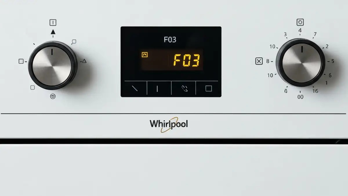 Wyświetlacz piekarnika Whirlpool z kodem błędu F03, widok frontalny panelu sterowania