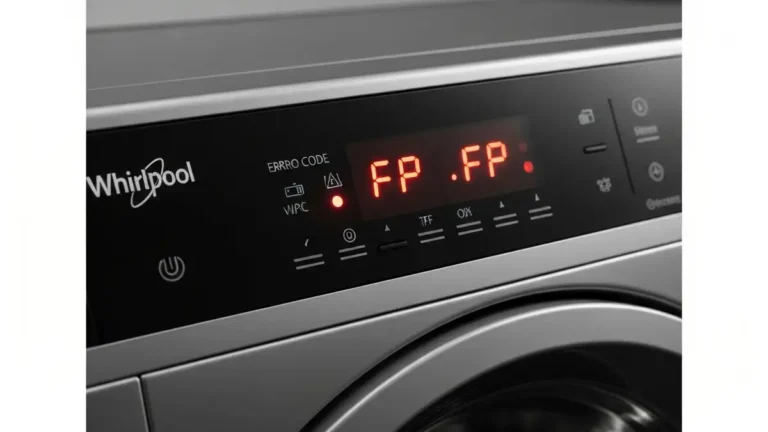 Kod błędu FP wyświetlony na panelu pralki Whirlpool – czerwone światło ostrzegające