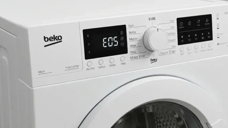 Kod błędu E05 na wyświetlaczu pralki Beko z podkreślonym komunikatem błędu silnika