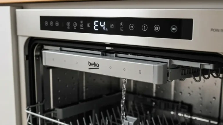 Zmywarka Beko z wyświetlanym kodem błędu E4, woda widoczna w komorze dolnej zmywarki