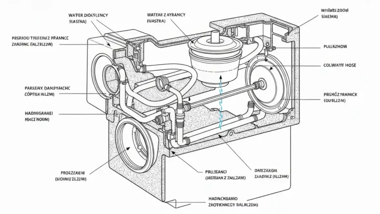 Diagram systemu odpływu pralki Whirlpool z zaznaczonym filtrem osadowym, wężem i pompą