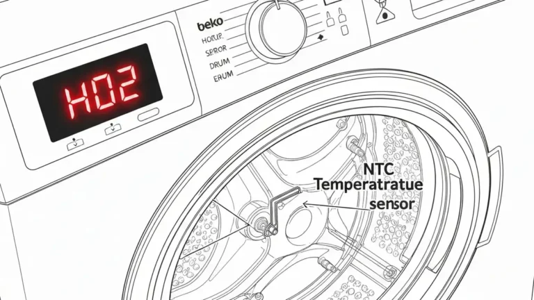 Kod błędu H02 wyświetlony na wyświetlaczu pralki Beko z zaznaczonym czujnikiem temperatury NTC wewnątrz urządzenia