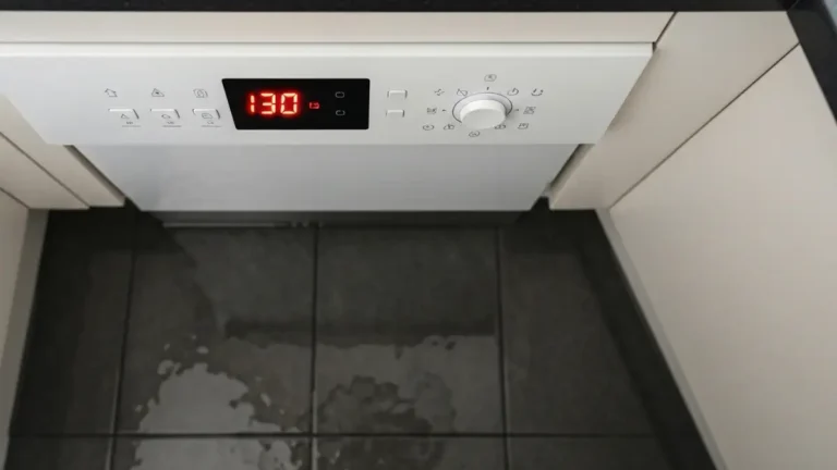Kod i30 na wyświetlaczu zmywarki z widokiem wycieku wody pod urządzeniem