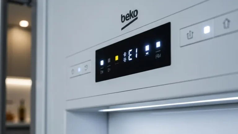 Panel sterowania lodówki Beko z wyświetlaczem kodu błędu E1, zbliżenie na diody LED i guziki kontrolne