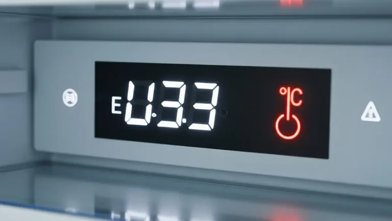 Wyświetlacz lodówki Bosch pokazujący kod błędu E3 z symbolem alarmu temperatury na czerwonym tle