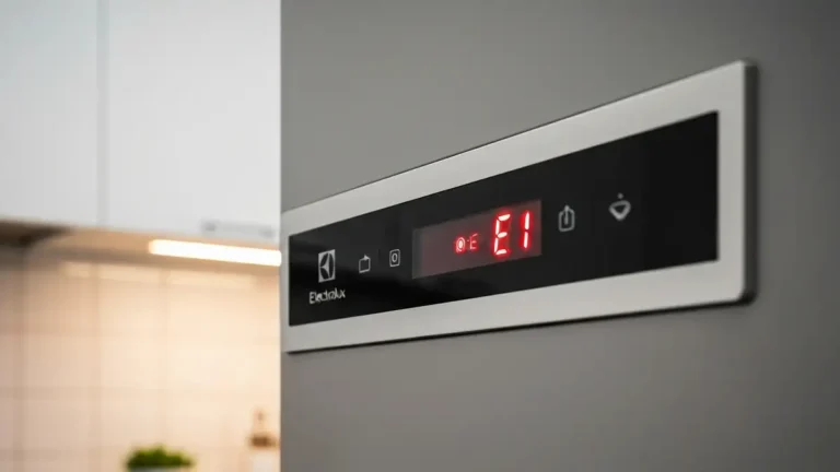 Kod błędu E1 na wyświetlaczu lodówki Electrolux, widok frontu drzwi i panelu sterowania