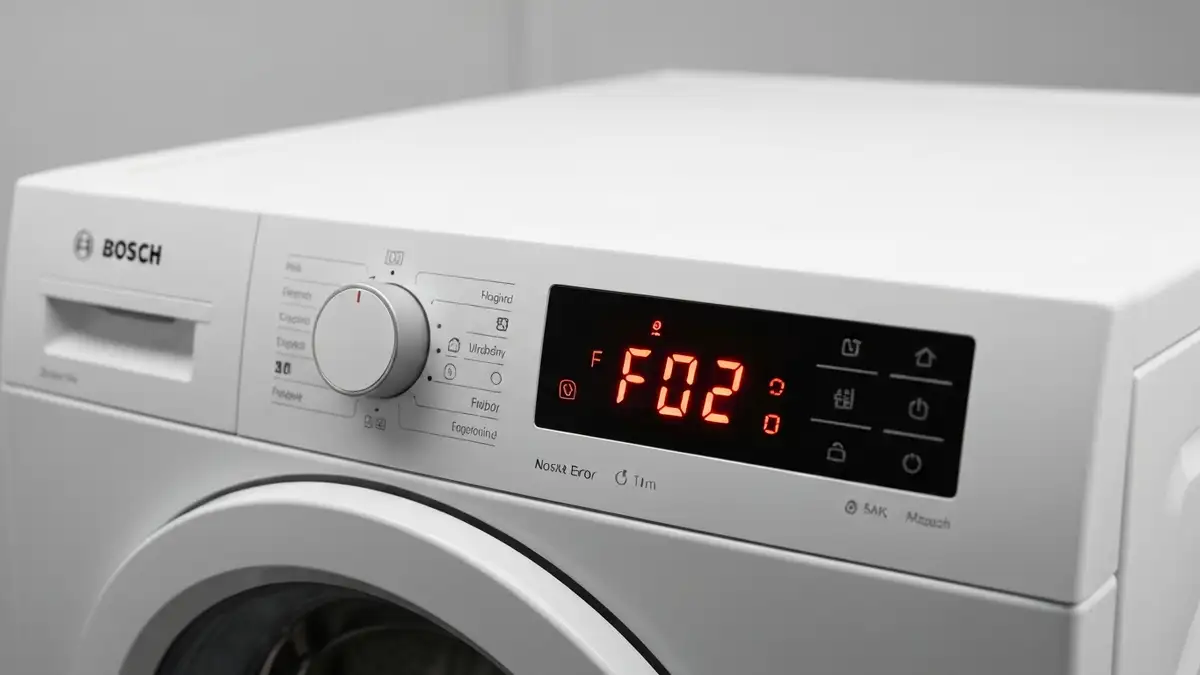 Wyświetlacz pralki Bosch pokazujący kod błędu F02 na panelu sterowania