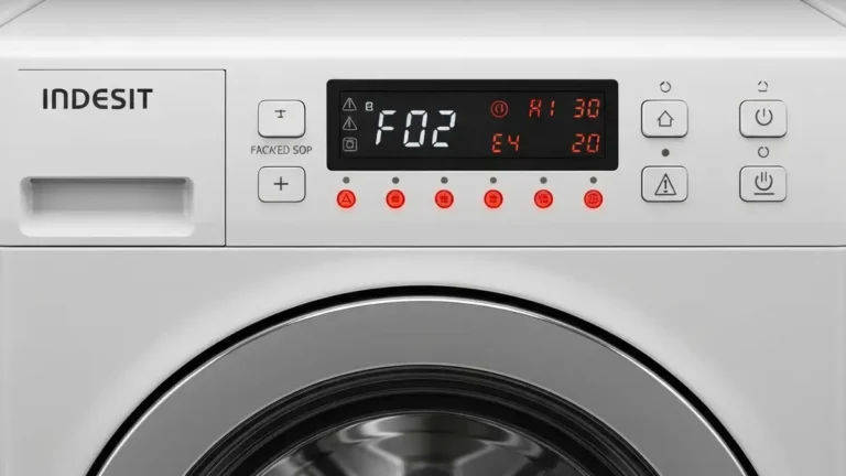 Panel sterowania pralki Indesit z wyświetlaczem LCD pokazującym kod błędu F02 i migającymi diodami statusu