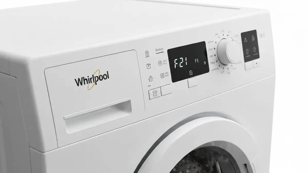 Panel sterowania pralki Whirlpool z wyswietlonym kodem bledu F21