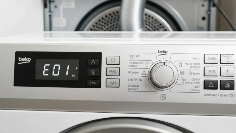 Panel kontrolny suszarki Beko z wyświetlanym kodem błędu E01