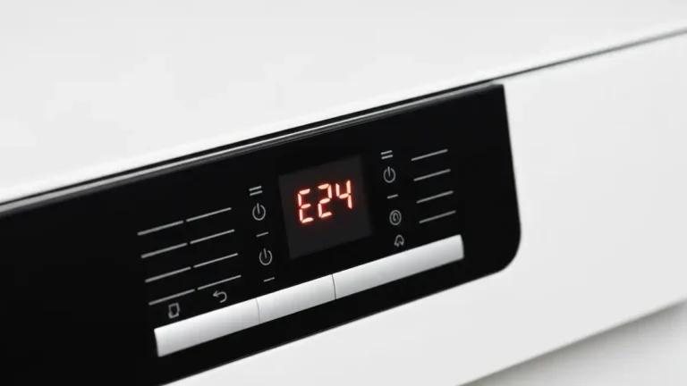 Panel sterowania zmywarki z widocznym kodem bledu E24 na wyswietlaczu cyfrowym