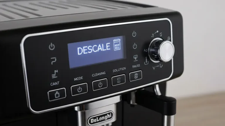 Ekspres Delonghi z widocznym komunikatem DESCALE na wyświetlaczu, pojemnik ze środkiem odkamieniającym obok