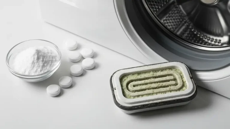 Kwas cytrynowy w proszku i tabletki Calgon obok pralki z widoczną grzałką pokrytą kamieniem