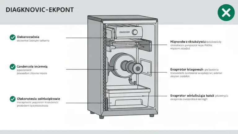 Diagram pokazujący główne punkty diagnostyczne lodówki: szczelność drzwi, uszczelka gumowa, wentylator kondensacyjny, izolacja termiczna