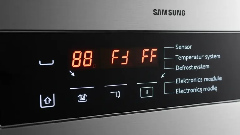 Wyświetlacz lodówki Samsung pokazujący kody błędu 88 i FF z opisem przyczyn