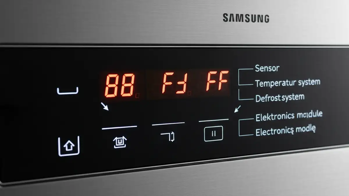 Wyświetlacz lodówki Samsung pokazujący kody błędu 88 i FF z opisem przyczyn