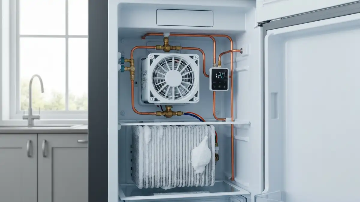 Lodówka Samsung otwarta z termometrem wskazującym temperaturę parownika, wentylator i rurki chłodnicze widoczne w tle