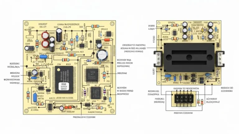 Płytka PCB pralki z objaśnieniem głównych komponentów – kondensatory, rezystory, chipy sterujące