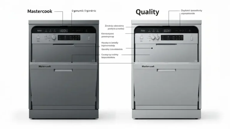Porównanie Mastercook Ergonomic i Quality – dwie serie zmywarek obok siebie z oznaczeniami różnic