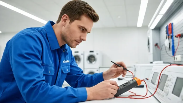 Technik serwisowy Miele w niebieskim mundurze w warsztacie diagnostycznym, trzymający urządzenie testowe przy pralce