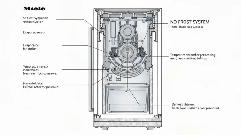 Przekrój lodówki Miele z systemem No Frost – wentylator, czujnik temperatury, kanał odwilżający