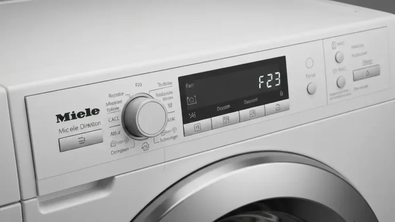 Panel sterowania pralki Miele z wyświetlanym kodem błędu F23 na ekranie LCD